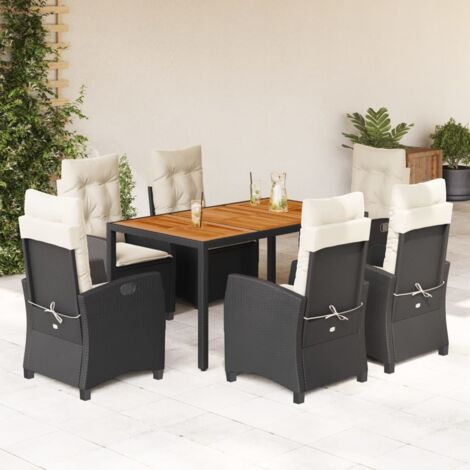 Ensemble de Jardin 7pcs Noir Résine Tressée Table Acacia Chaises Inclinables avec Coussins (1/5)