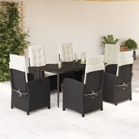Ensemble de Jardin 7 Pièces avec Coussins en Résine Tressée, Table en Verre Trempé 160x80 cm, 6 Chaises Noires - Meuble d'Extérieur (1/5)