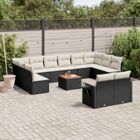 Canapé modulaire de jardin 13 places en résine tressée noire avec coussins écrus, 2 coins et table acacia (1/5)