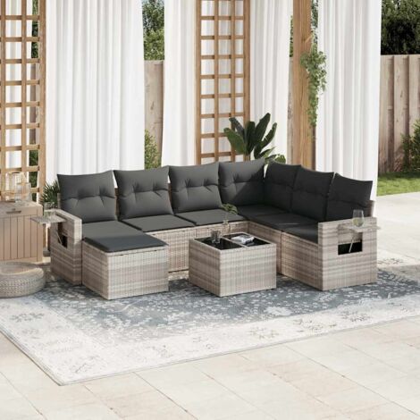 Salon de jardin 8 places en résine tressée gris clair avec coussins et table en verre trempé (1/5)