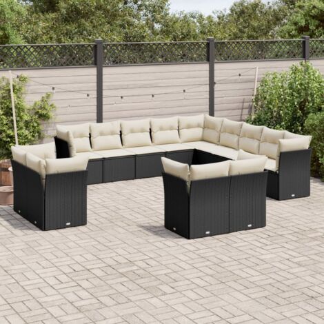 Ensemble Salon Jardin 13 Places Noir Résine Tressée Modulaire avec Rangement et Coussins Blancs Crème (1/3)