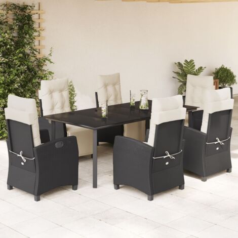 Ensemble de salle à manger de jardin 7 pièces noir résine tressée avec coussins, table verre trempé, chaises inclinables. (1/5)