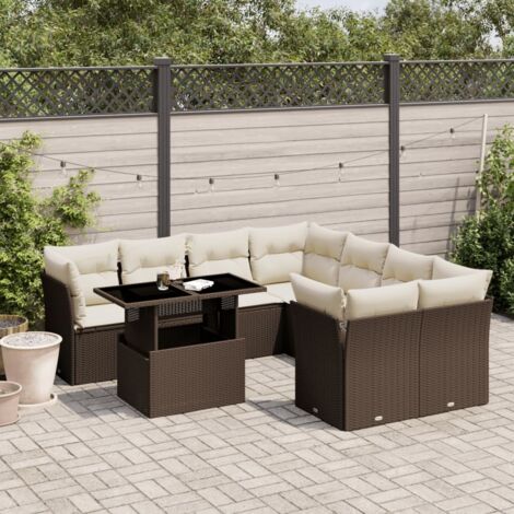 Ensemble Salon Jardin 9 Pièces Résine Tressée Marron avec Coussins Blanc Crème Table Réglable (1/5)
