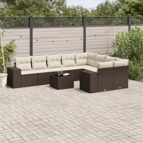 Ensemble de salon de jardin en résine tressée marron 10 pièces avec table en verre trempé et coussins lavables (1/5)