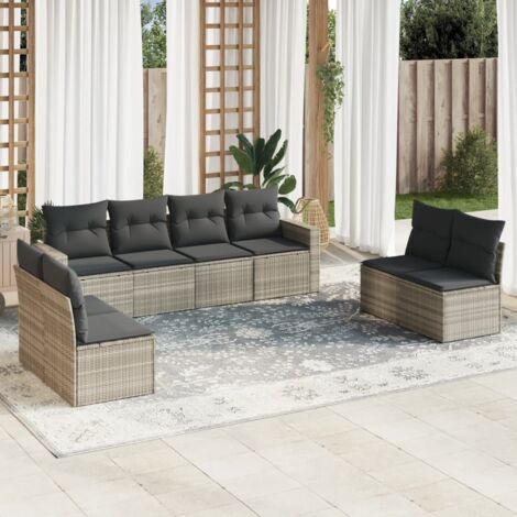 Canapé Modulaire d'Extérieur 8 Places en Résine Tressée Gris Clair avec Coussins (1/3)