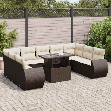 Ensemble salon de jardin 10 pièces rotin synthétique marron avec coussins beige (1/5)