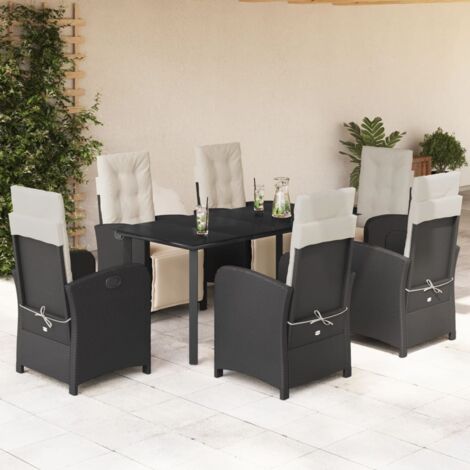 Ensemble de Jardin 7 Pièces avec Table Verre et 6 Chaises Longues en Résine Tressée Noire incl. Coussins Creme (1/5)