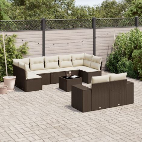 Ensemble Salon Jardin 10 Pièces Résine Tressée Marron avec Coussins Crème et Table en Verre Trempé (1/5)