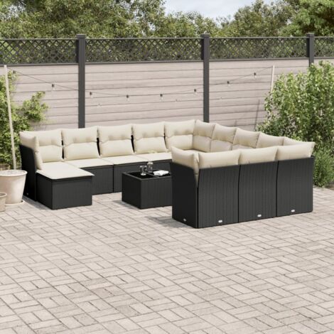 Salon de jardin modulaire 13 pièces noir résine tressée, coffres de rangement intégrés, coussins lavables, verre trempé, pour terrasse et jardin (1/3)