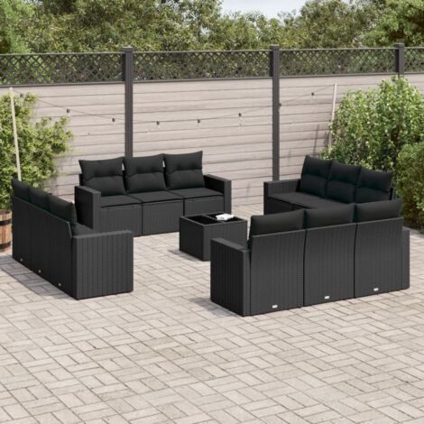 Ensemble de Salon de Jardin en Résine Tressée Noire avec 13 Coussins, Comprend Canapés, Table et Coussins pour Terrasse ou Patio (1/3)