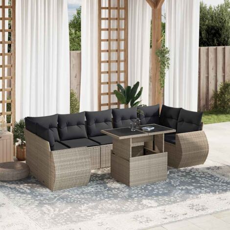[Ensemble de Salon Jardin] [8 Places] Canapé Résine Tressée Gris avec Coussins Anthracite Amovibles et Table à Hauteur Réglable (1/5)