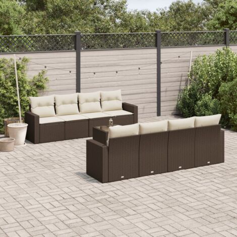 Salon de Jardin 9 Places Canapés Résine Tressée Marron avec Coussins Crème et Table en Verre Trempé Modulable pour Terrasse et Jardin (1/3)