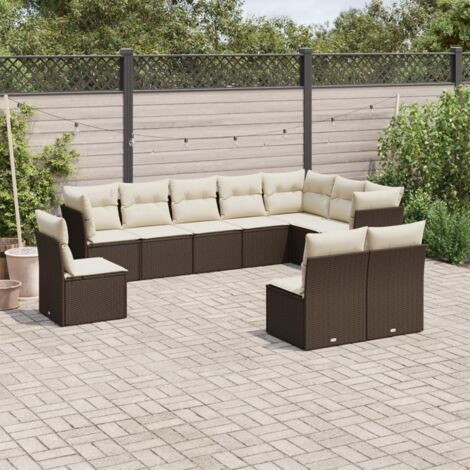 Ensemble salon de jardin modulaire 10 places en résine tressée marron avec coussins assortis blancs amovibles (1/5)