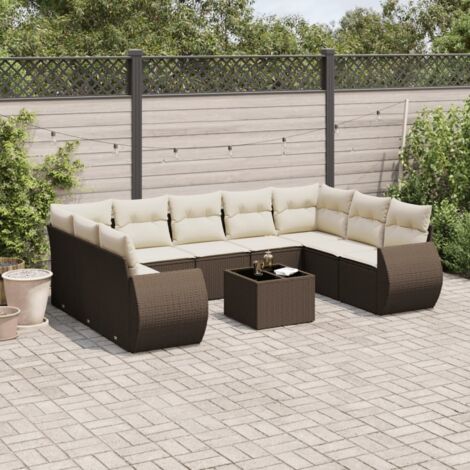 Salon de Jardin 10 Pièces en Résine Tressée Marron avec Verre Trempé, Table et Sièges Modulaires avec Rangement et Coussins Crème (1/3)