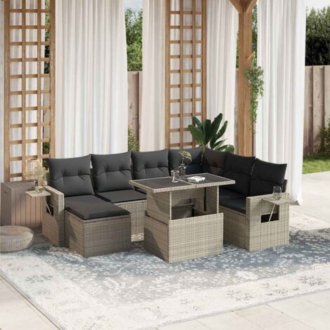 Salon de Jardin 8 Places Modulable en Résine Tressée Gris Clair avec Coussins (1/5)