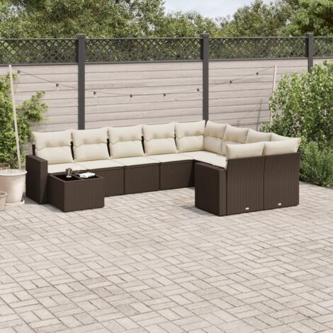 Ensemble salon de jardin modulaire 10 pièces brun en résine tressée avec 9 coussins siège amovibles et 1 table verre trempé (1/3)
