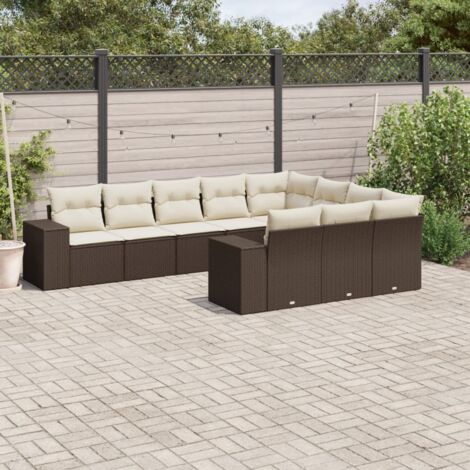 Canapé Modulaire Jardin 10 Places en Résine Tressée Marron avec Coussins Crème, Stockage, Lavable, Résistant aux UV - Assemblage Facile (1/3)