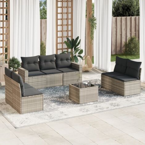 Ensemble Salon de Jardin 8 Places en Résine Tressée avec Table en Verre et Coussins Gris Clair, Modulable pour Terrasse (1/3)