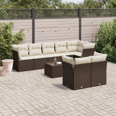 Ensemble salon jardin 9 places en résine tressée marron avec verre trempé, rangements, coussins 13 pièces, blanc crème (1/3)