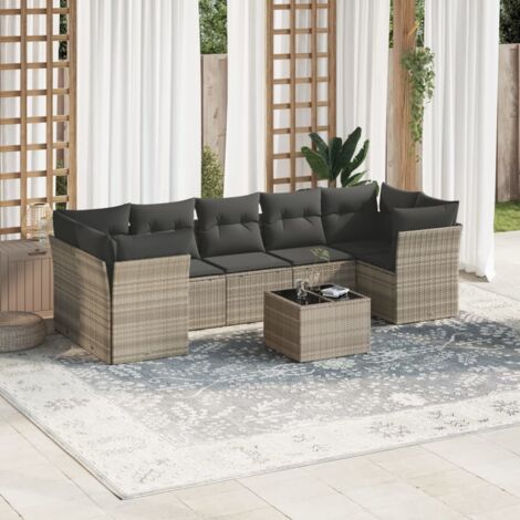 Canapé d'extérieur modulaire 8 places gris clair avec table en verre trempé et rangements (1/3)