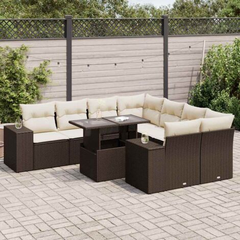 Ensemble salon jardin 9 places résine tressée marron avec coussins crème, table réglable et rangement (1/5)