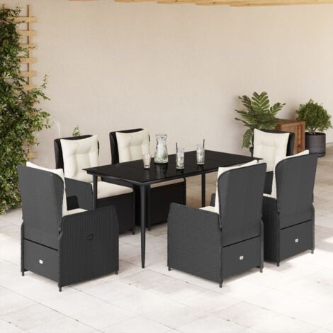 Ensemble Jardin 7 Places Noir Résine Tressée avec Coussins Crème - Table en Verre 160x80 cm, 6 Chaises Reclinables (1/5)