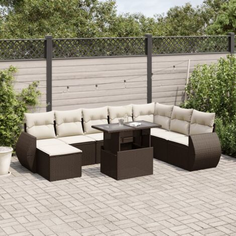 Ensemble de salon de jardin 9 pièces en résine tressée marron avec coussins lavables blanc crème (1/5)