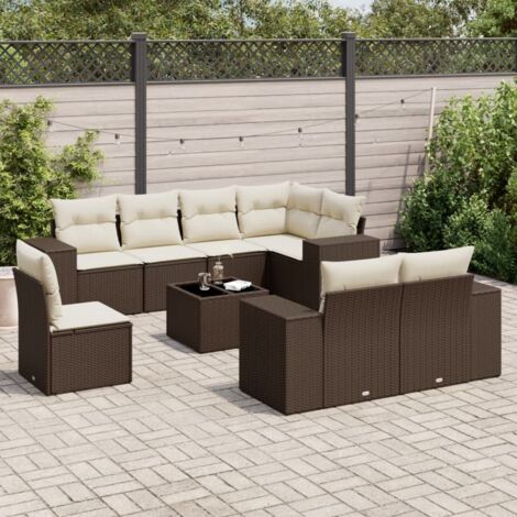 Salon de Jardin en Résine Tressée Marron avec 9 Coussins - Ensemble Modulable avec Table en Verre Trempé (1/3)