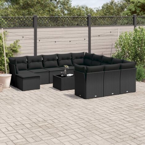 [Ensemble de jardin] Salon complet 13 pièces noir résine tressée avec coussins et table verre trempé (1/3)