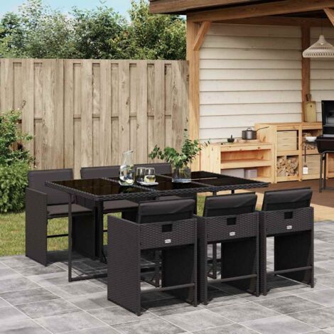 Ensemble de Jardin en Résine Tressée 7pcs avec Coussins Noir, Table Verre Trempé 165x106 cm, 6 Chaises Pliantes (1/5)