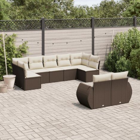 Ensemble de Salon de Jardin Modulaire 9 Places en Résine Tressée Marron avec Fonction Rangement, Coussins Blanc Crème, Sacs Imperméables (1/3)