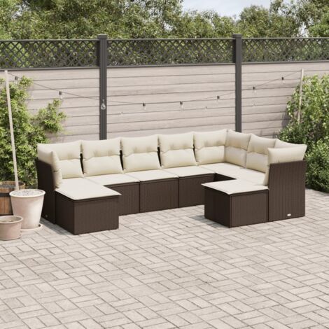 Salon de Jardin Modulaire en Résine Tressée Marron, 9 Pièces avec Coussins Crème et Fonction Rangement (1/3)