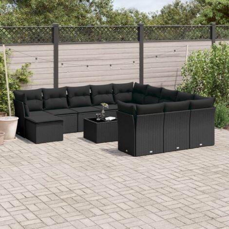 Ensemble de salon de jardin modulaire 13 pièces noir en résine tressée (rotin synthétique) avec coussins amovibles, verre trempé (1/3)