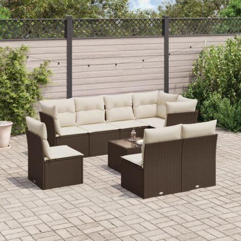 Set de jardin en résine tressée marron, 9 places avec coussins crème, table verre trempé, rangement intégré (1/3)