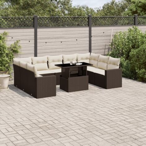 Ensemble de jardin en résine tressée marron - 10 pièces avec table ajustable et coussins blanc crème lavables (1/5)