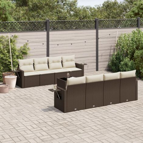 Ensemble de Salon de Jardin en Résine Tressée Marron 9 Pièces avec Coussins Crème et Table (1/3)