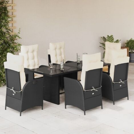 Ensemble de salle à manger jardin 7 pièces noir résine tressée avec coussins - Table 190cm et 6 chaises inclinables (1/5)