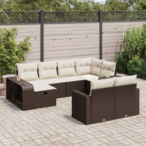 Salon de jardin 10 pièces en résine tressée marron avec coussins et rangement (1/5)