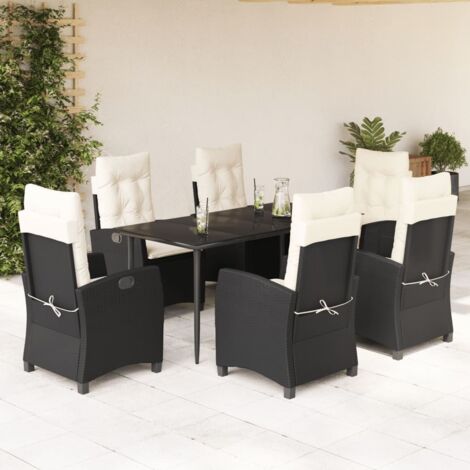 Ensemble de salle à manger extérieure avec 7 coussins en résine tressée noire, table en verre trempé et chaises inclinables (1/5)