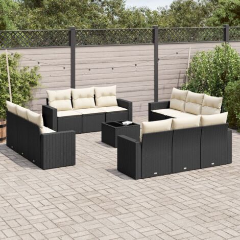 Ensemble de salon de jardin 13 pièces noir résine tressée avec coussins blanc crème (1/3)