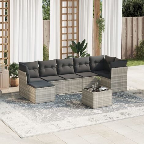 Salon de jardin 8 pièces en résine tressée avec coussins gris clair et table en verre trempé, complet pour terrasse (1/3)