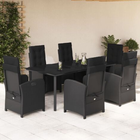 Ensemble de Jardin 7pcs en Résine Tressée Noir avec 6 Chaises Réglables, Table en Verre Trempé et Coussins Lavables