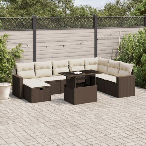 Canapé d'angle modulaire 9 places en résine tressée marron avec table réglable, coussins crème et repose-pieds (1/5)