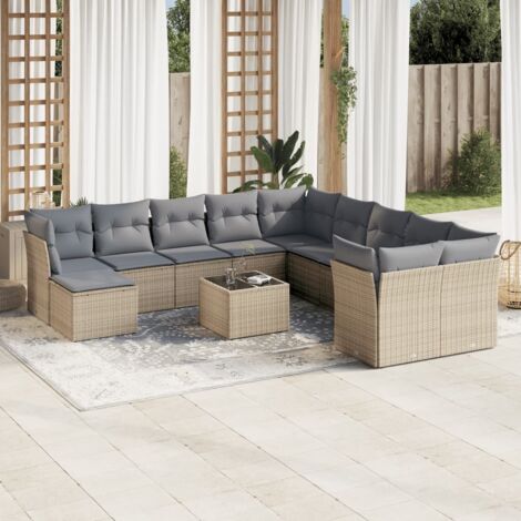 Canapé d'extérieur résine tressée beige - Ensemble modulaire 12 places avec rangement intégré, table en verre et coussins gris (1/3)