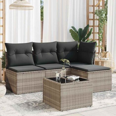 Ensemble de Jardin 5 Pièces - Salon en Résine Tressée Gris Clair avec Table en Verre et Coussins (1/3)