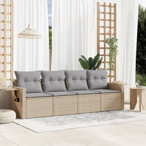 Ensemble Canapé Jardin 4 Places Résine Tressée Beige - Espace Rangement & Coussins Gris Amovibles (1/3)