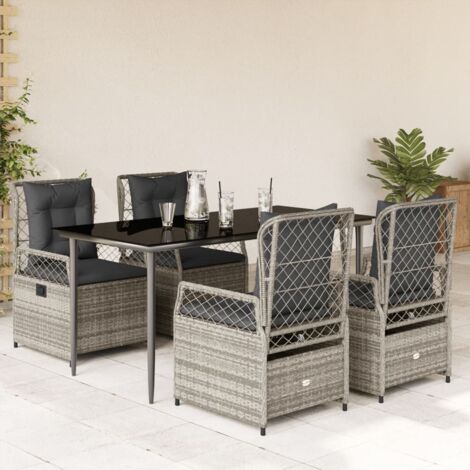 Ensemble de Jardin 5 Pièces en Résine Tressée Gris - Table en Verre Trempé Noir 160x80cm, 4 Chaises Bascule avec Coussins Amovibles et Lavables (1/5)