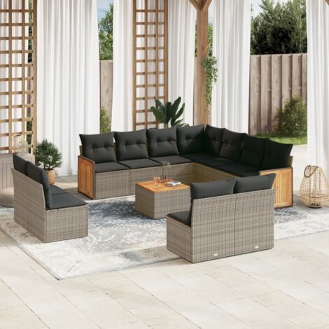Ensemble salon jardin 12 places gris résine tressée avec coussins et table acacia (1/3)