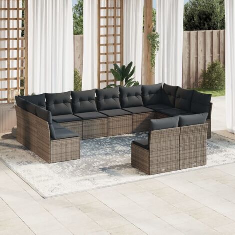 Salon de Jardin 12 Pièces en Résine Tressée Gris avec Coussins et Rangement - Sièges Modulaires Extérieur (1/3)