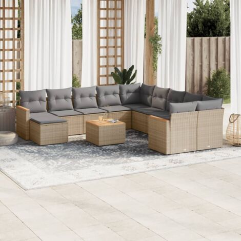 Salon de Jardin en Résine Tressée Beige 12 Pièces avec Coussins Gris - Ensemble Modulaire avec Accoudoirs en Acacia, Table et Rangement (1/3)